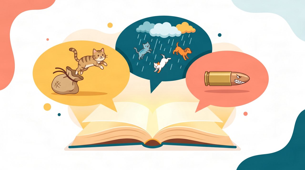 Colourful illustration showing common English idioms and their meanings explained visually