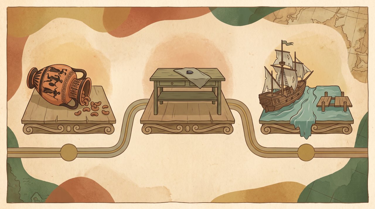 Illustration showing the historical origins of English idioms with symbolic timeline elements