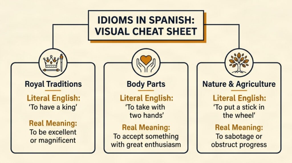 Educational visual cheat sheet showing categories and origins of idioms in Spanish