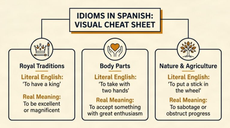 Educational visual cheat sheet showing categories and origins of idioms in Spanish