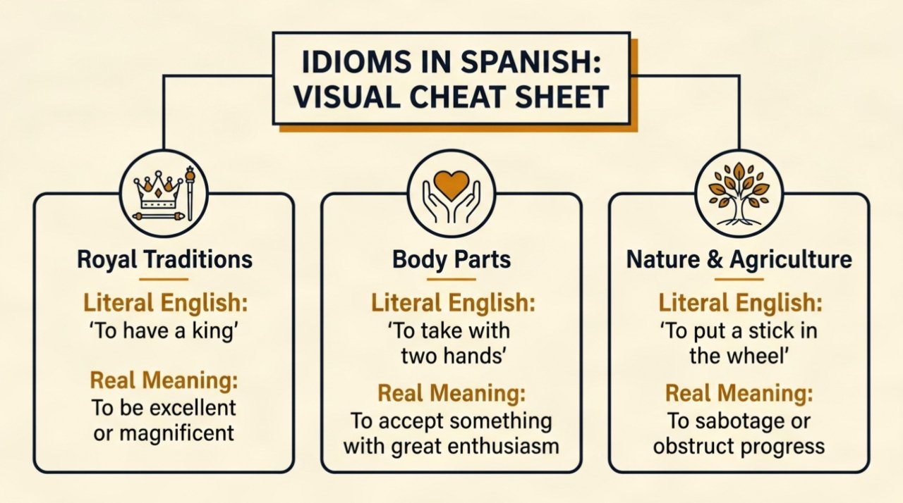 Educational visual cheat sheet showing categories and origins of idioms in Spanish