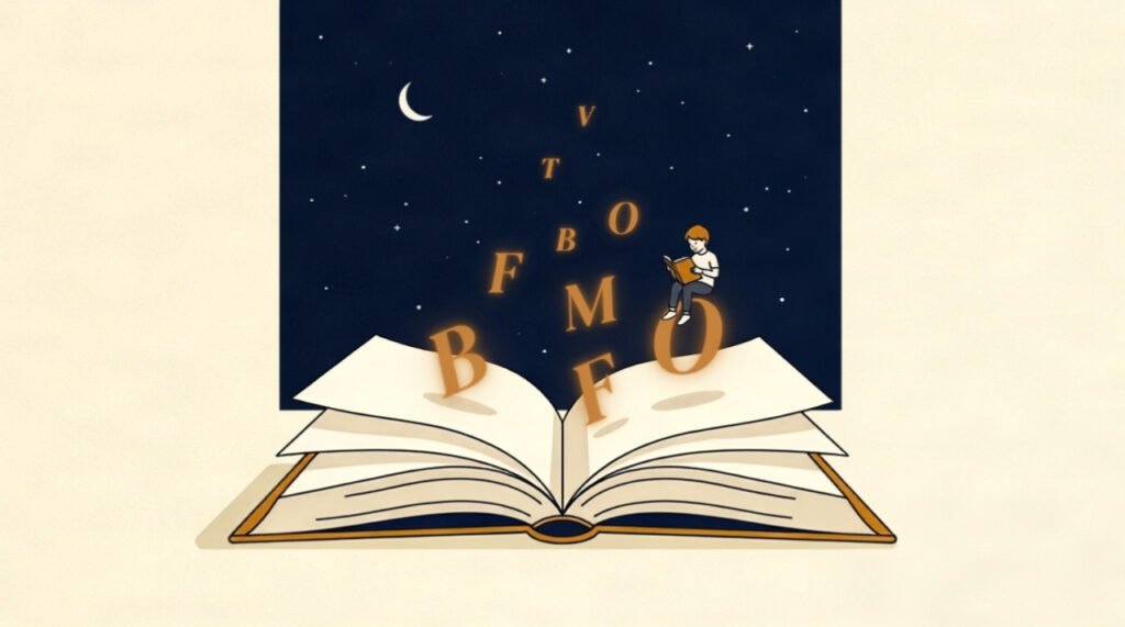 An open children's book with glowing golden inspirational quotes letters floating upward into a starry deep blue sky
