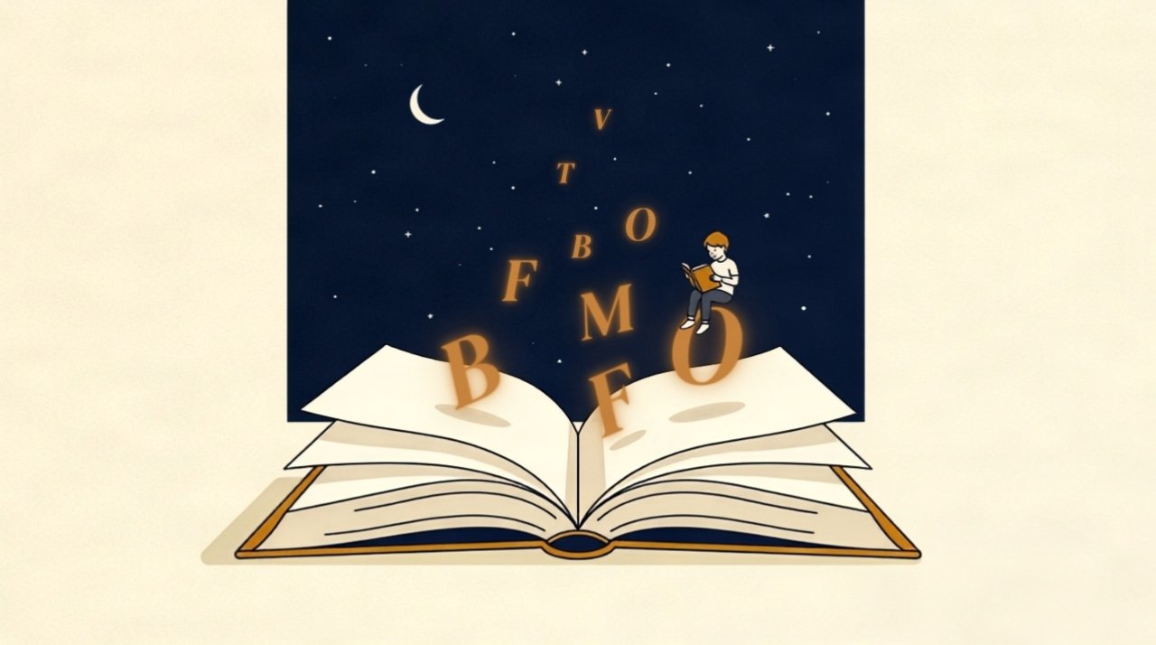 Modern vintage editorial illustration of an open children's book with glowing golden inspirational quotes letters floating upward into a starry deep blue sky