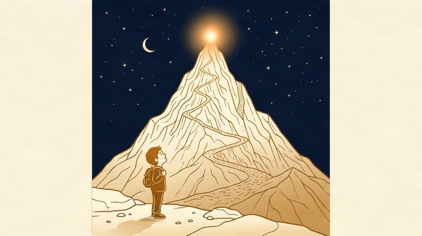 Modern vintage editorial illustration of a small child silhouette standing before a tall glowing mountain, representing inspirational quotes about courage for kids