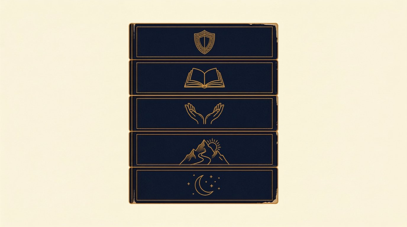 Modern vintage editorial infographic illustration showing five themed chapters of inspirational quotes for kids organized in a book layout