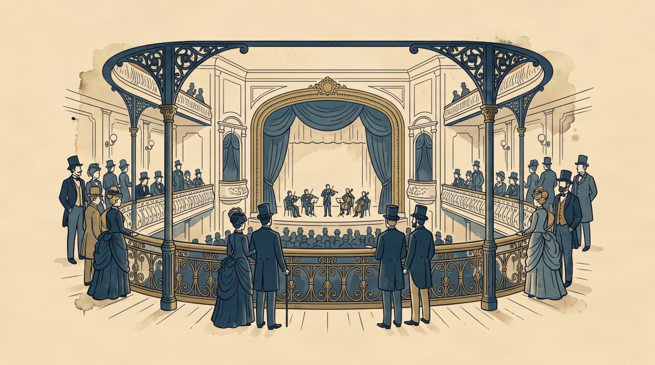 Elegant vector illustration of a vintage American theater representing the origin of the phrase peanut gallery