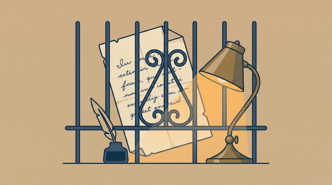 Elegant vector illustration of a handwritten letter behind jail bars representing 30 quotes about freedom
