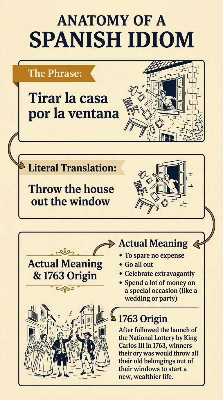 Infographic breakdown of literal translation and origin of idioms in Spanish