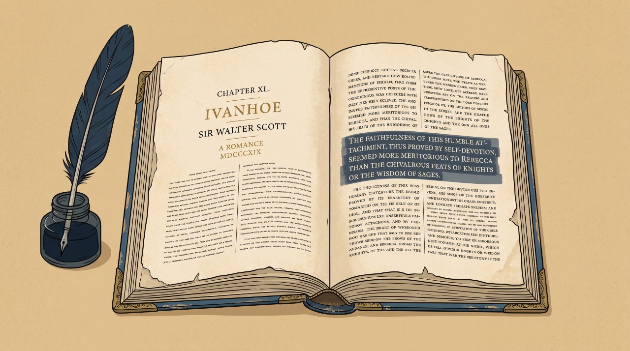 A 19th century printing press edition of Ivanhoe showing the origin of the phrase caught red handed