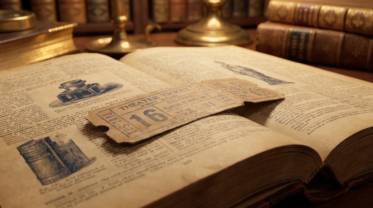 Vintage theater ticket and dictionary showing the origin of the phrase break a leg.