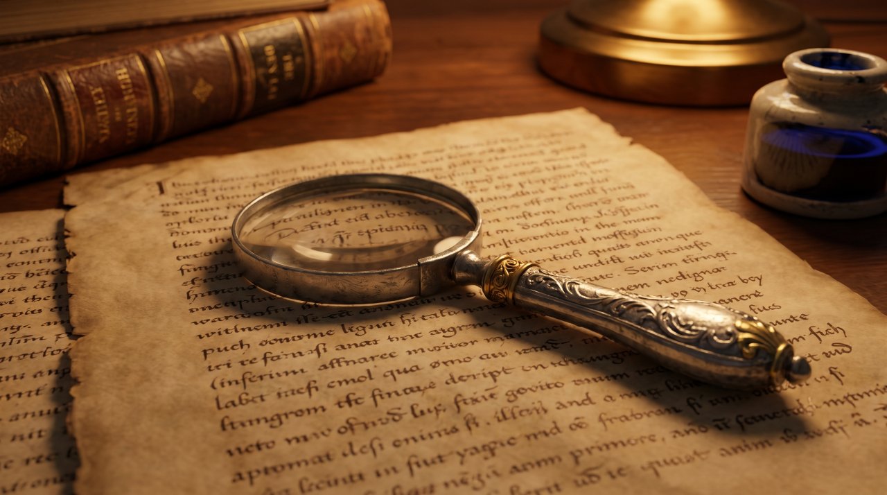 Antique manuscript under a magnifying glass showing the origin of the phrase break a leg.