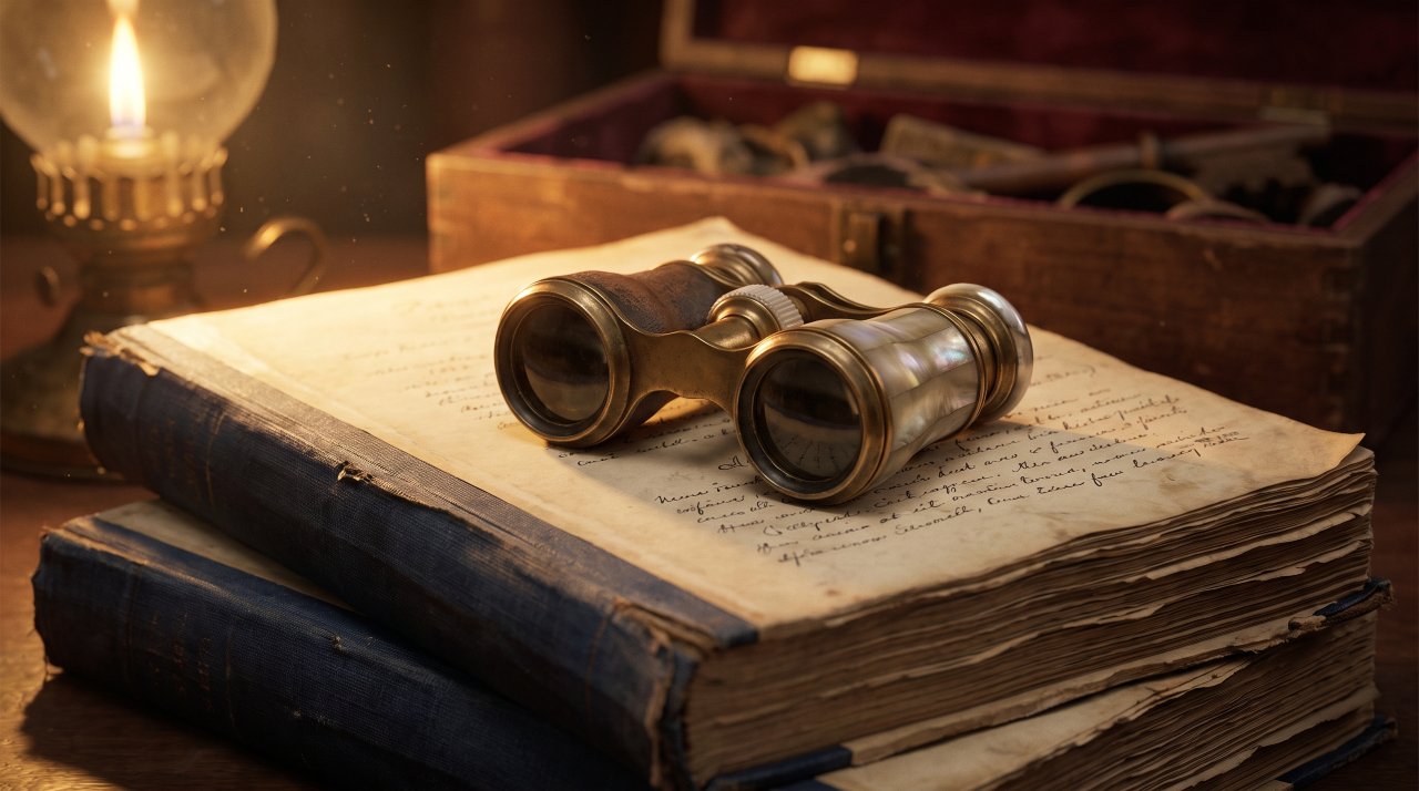 Antique opera glasses and scripts exploring the origin of the phrase break a leg.