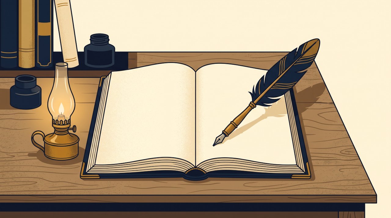 Vintage editorial illustration of a journal and quill pen representing Maya Angelou quotes about change and attitude