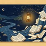 Vintage editorial illustration of flowing river and open books representing famous quotes about change through history