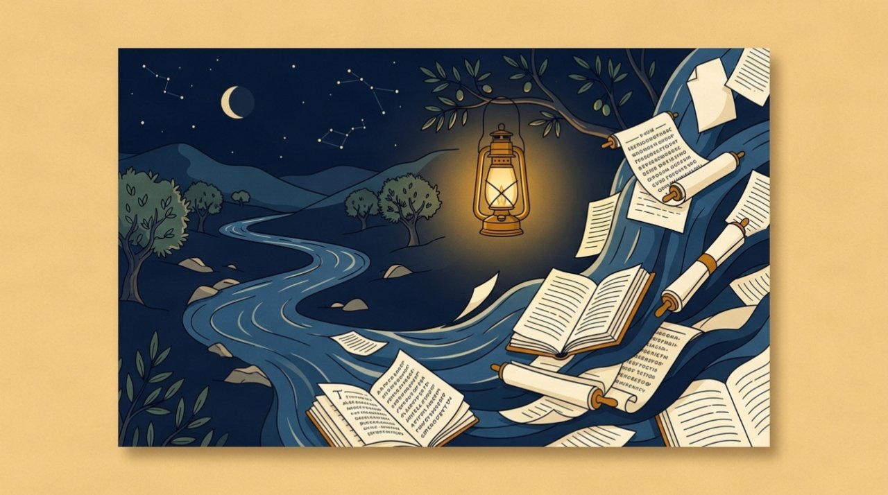 Vintage editorial illustration of flowing river and open books representing famous quotes about change through history
