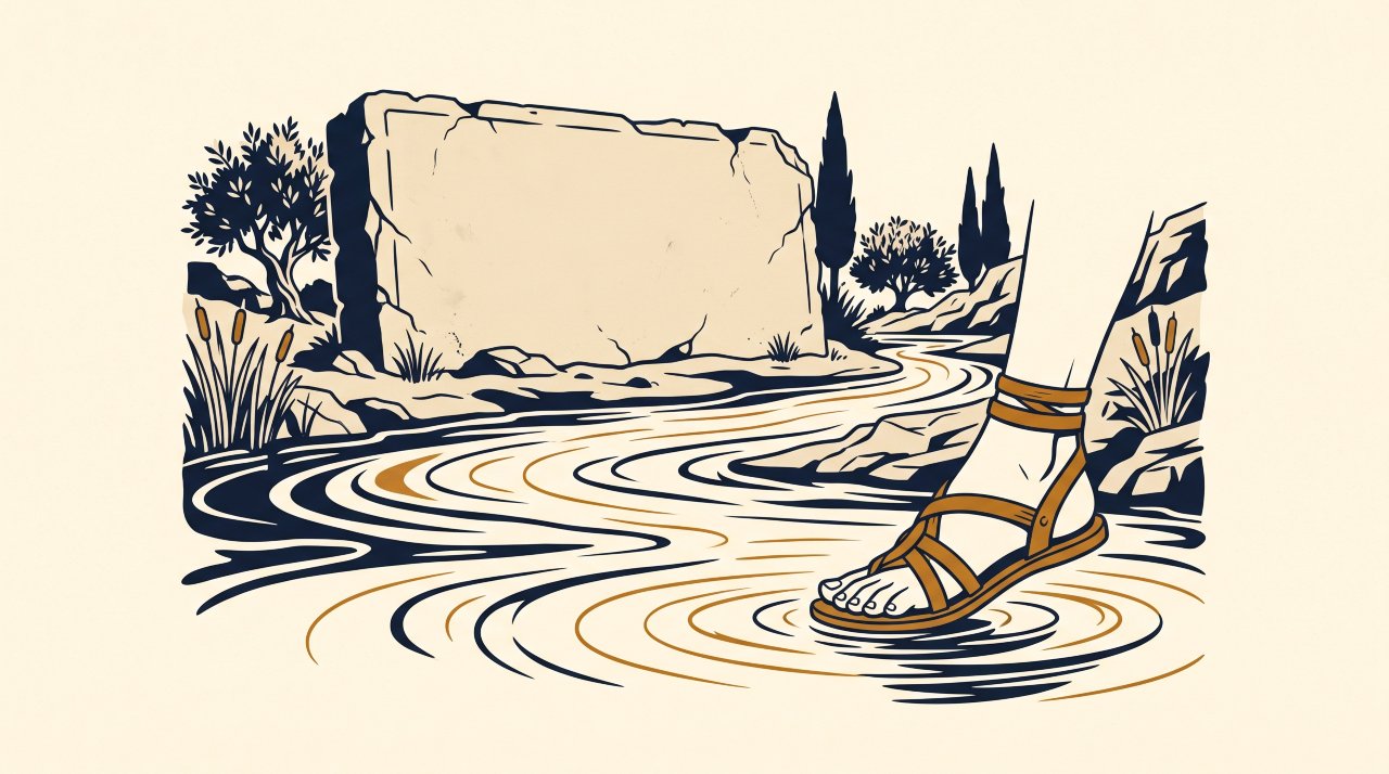 Vintage editorial illustration of an ancient river and stone tablet representing quotes about change from Heraclitus