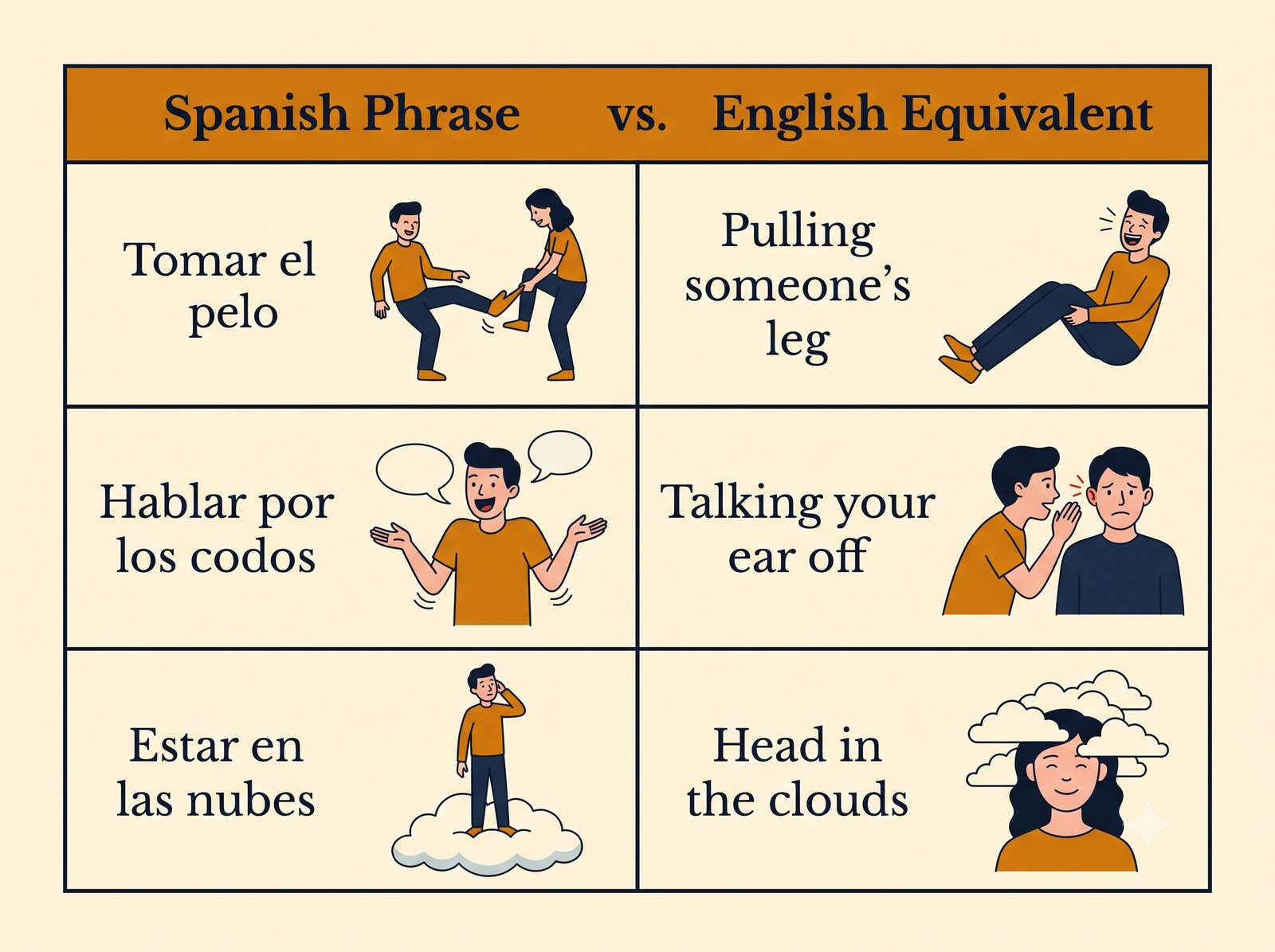 Comparison chart matching popular idioms in Spanish with English equivalent expressions