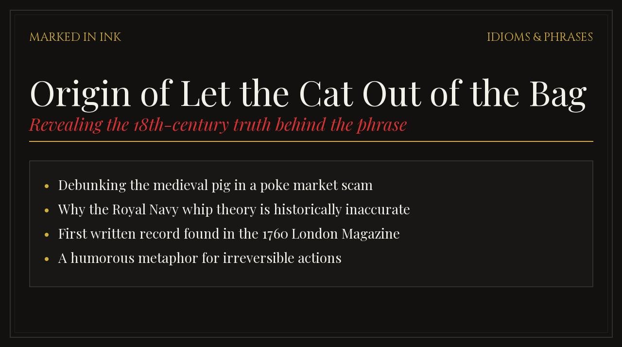 Origin of Let the Cat Out of the Bag (Myths Debunked) - Word origins and phrase history illustration