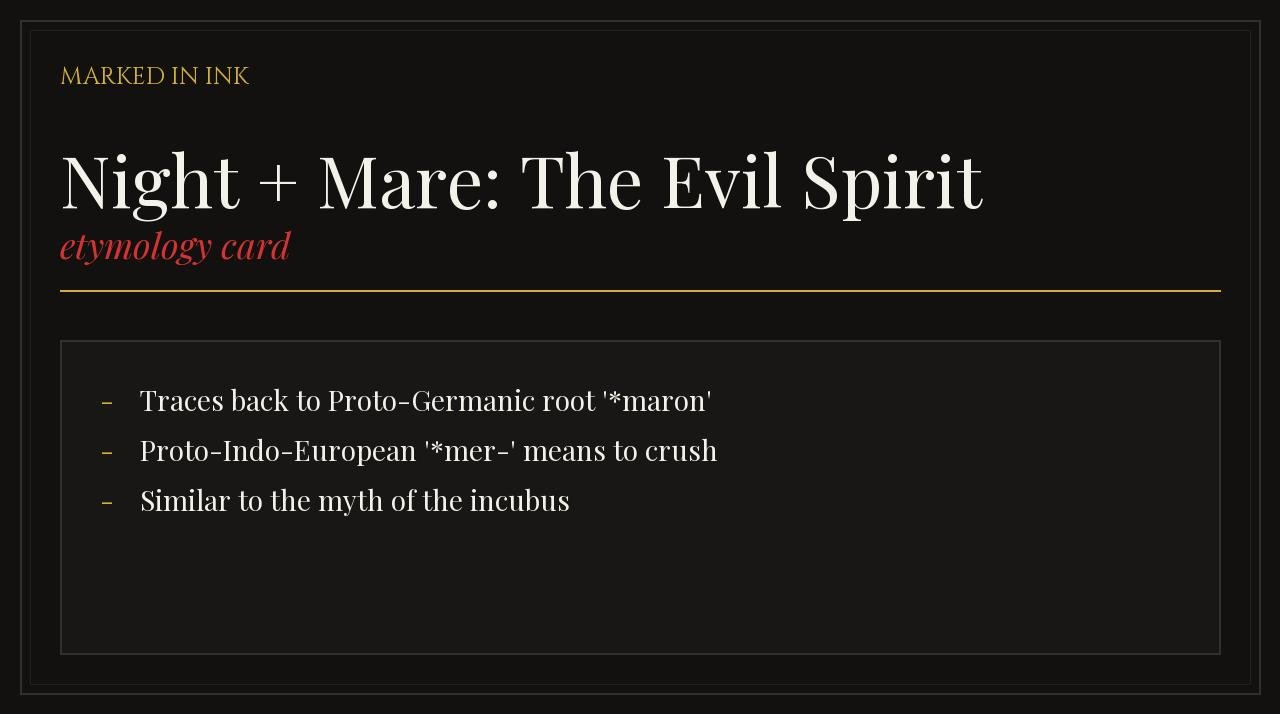 Night + Mare: The Evil Spirit etymology card