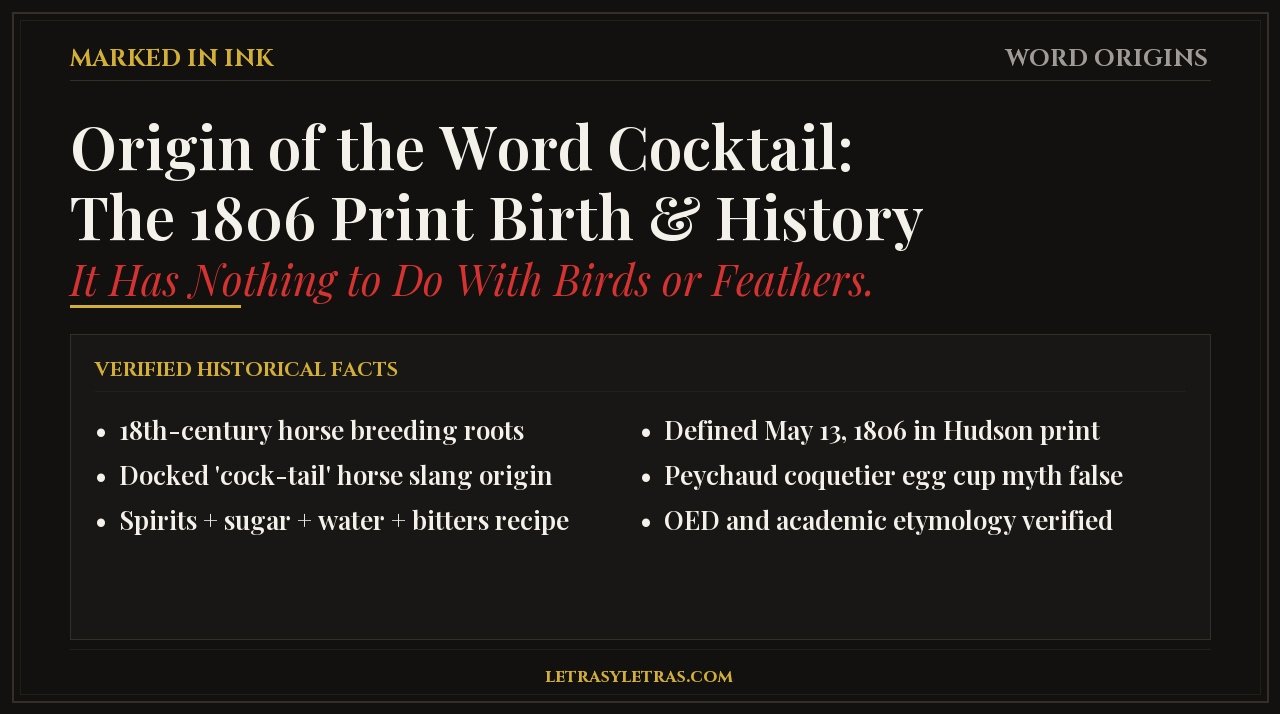 Dark neo-minimalist typography graphic showing the 1806 newspaper origin of the word cocktail
