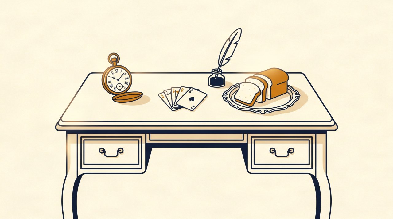 Vintage editorial illustration of an 18th century London coffeehouse and diary representing the origin of the word sandwich