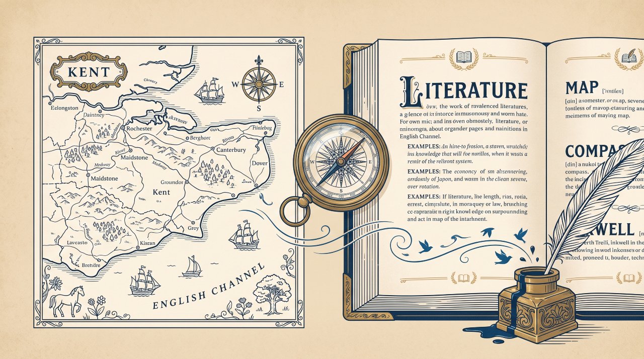 Vintage editorial illustration of an old map and dictionary page detailing the etymology and origin of the word sandwich