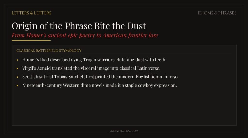 Origin of the phrase bite the dust featuring Homeric and Scottish literary history