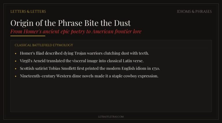 Origin of the phrase bite the dust dark luxury editorial card featuring Homeric and Scottish literary history