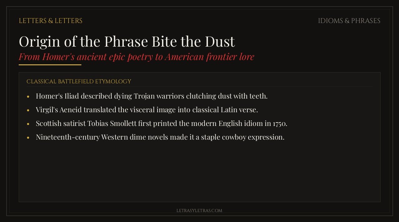 Origin of the phrase bite the dust dark luxury editorial card featuring Homeric and Scottish literary history
