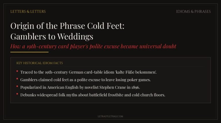 Dark editorial card detailing the historical idiom origin of the phrase cold feet from 19th-century card tables