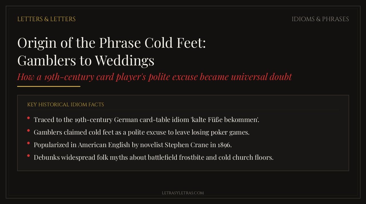 Dark editorial card detailing the historical idiom origin of the phrase cold feet from 19th-century card tables