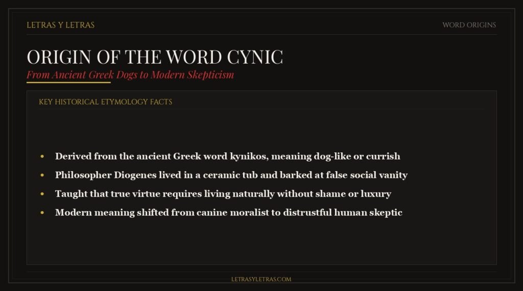 The Ancient Greek origin of the word cynic from kynikos meaning dog-like and philosopher Diogenes of Sinope