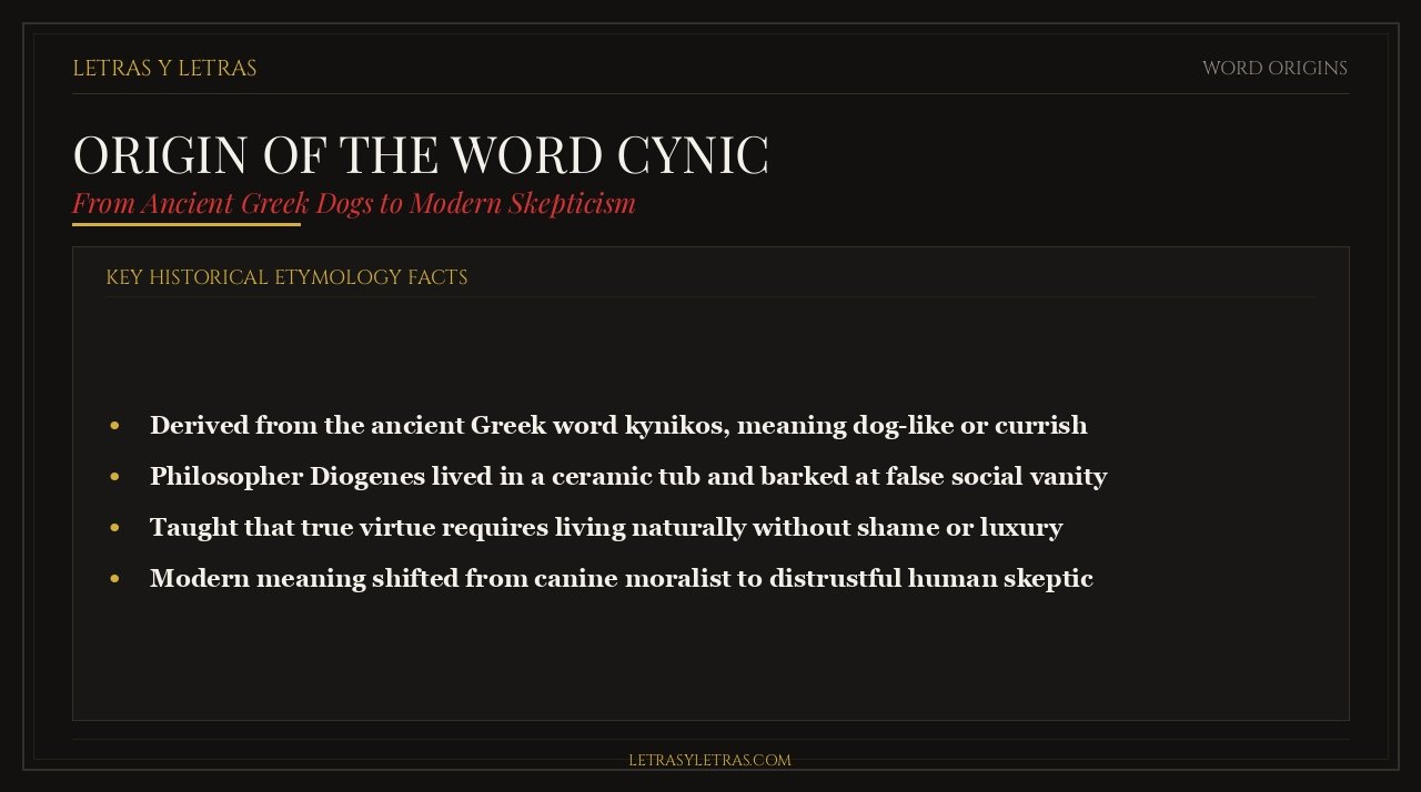 Infographic showing the Ancient Greek origin of the word cynic from kynikos meaning dog-like and philosopher Diogenes of Sinope.