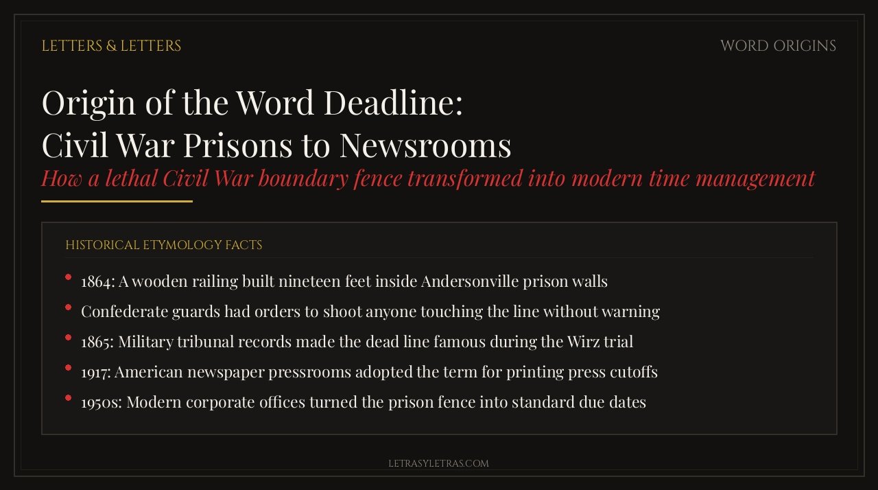 Historical etymology graphic showing the origin of the word deadline from Civil War prison boundaries to newsrooms