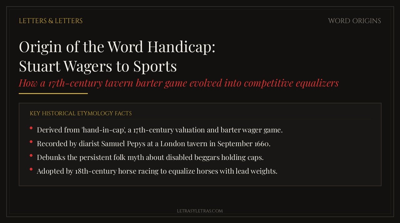 Dark editorial card detailing the historical etymology of the word handicap from 17th-century tavern games