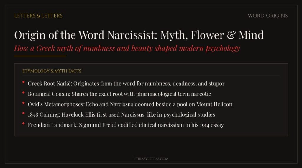 Origin of the word narcissist: Greek root narke, Ovid and Freud