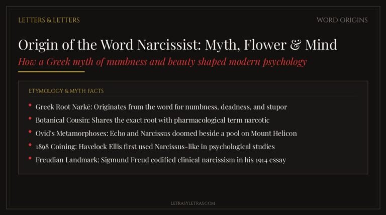 Origin of the word narcissist editorial card breaking down Greek root narke, Ovid, and Freud