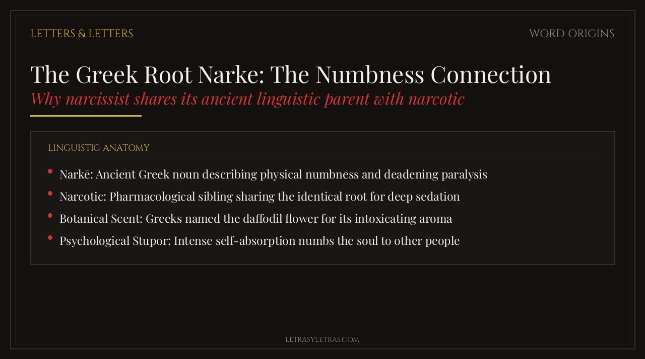 Linguistic breakdown comparing Greek root narke across narcissist, narcotic, and flower names