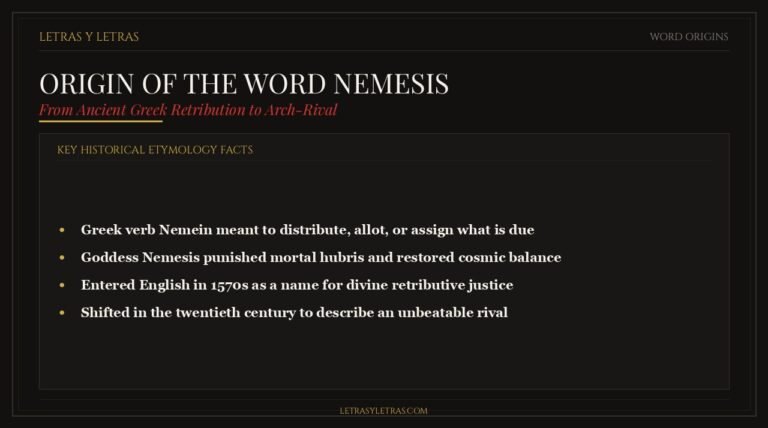 Infographic and etymology guide explaining the origin of the word nemesis from Greek verb nemein and the goddess of retribution.
