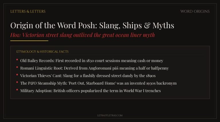 Historical etymology graphic explaining the true origin of the word posh and debunking the ocean liner myth