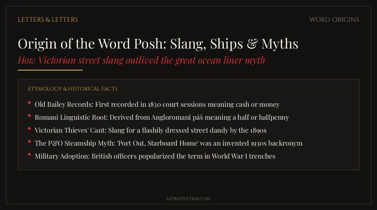 Historical etymology graphic explaining the true origin of the word posh and debunking the ocean liner myth