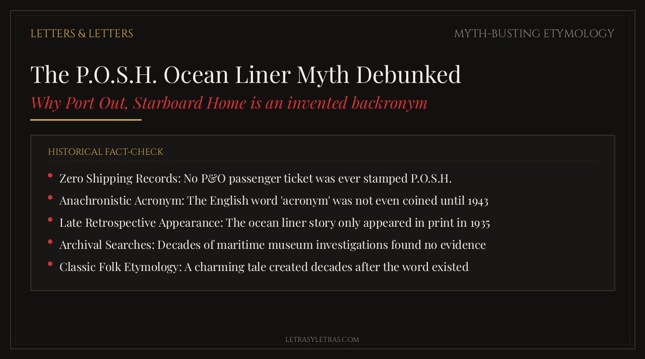 Fact check infographic debunking the Port Out Starboard Home acronym myth for the word posh