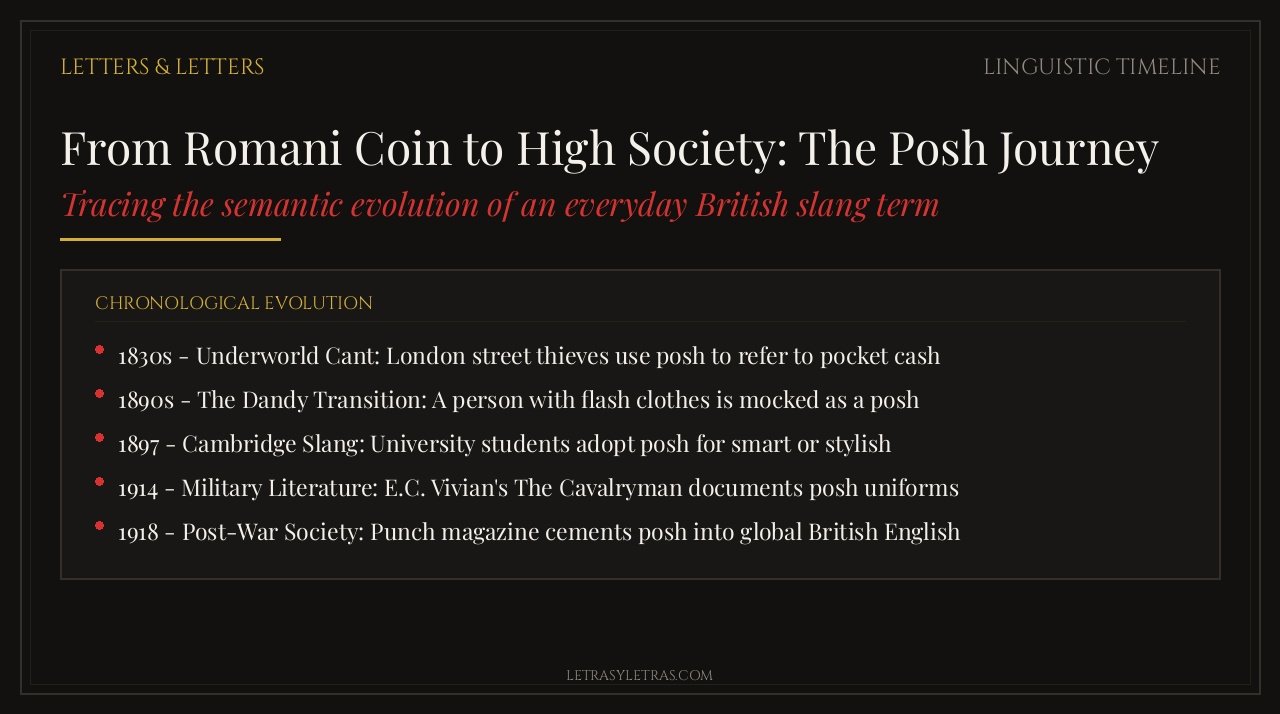 Etymology timeline showing the evolution of posh from Romani slang to modern British English