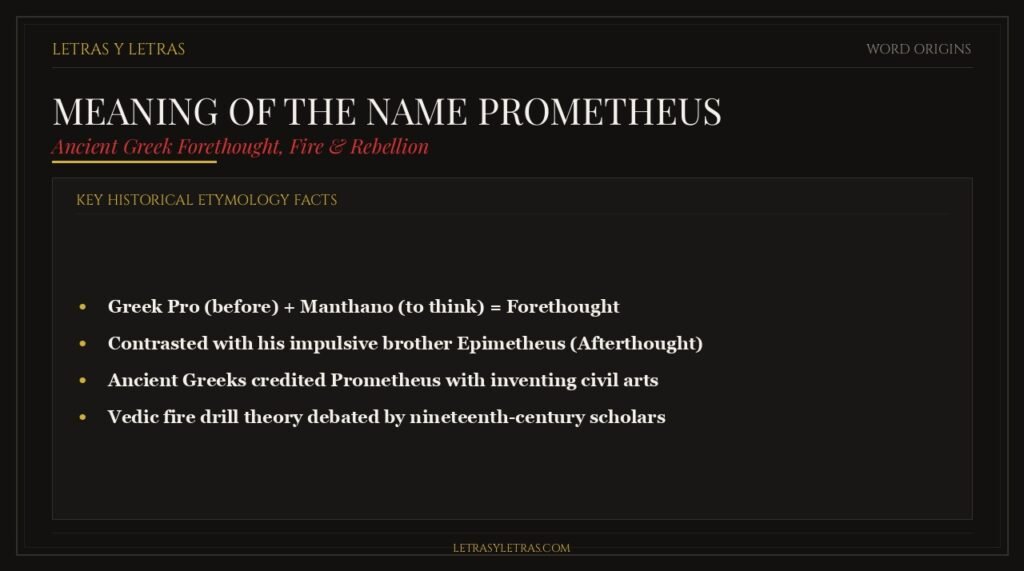 Meaning of the name Prometheus from Ancient Greek roots pro and manthano