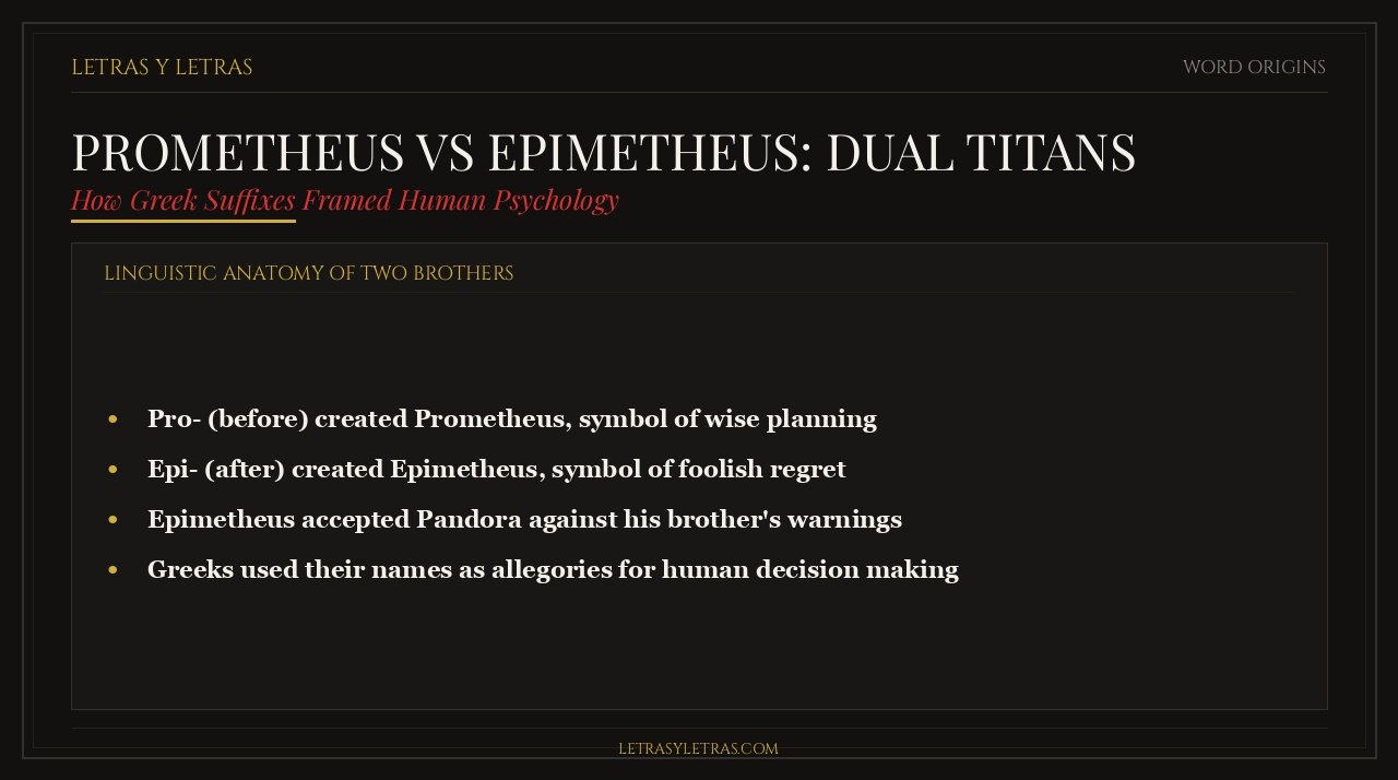 Infographic comparing Greek etymology of Prometheus forethought and Epimetheus afterthought