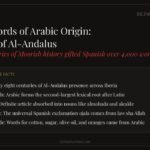 Bilingual etymology guide showing Spanish words of Arabic origin and Al-Andalus history