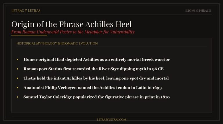 Infographic breaking down the historical myth and origin of the idiom Achilles heel from Roman poetry to 1810 literature.