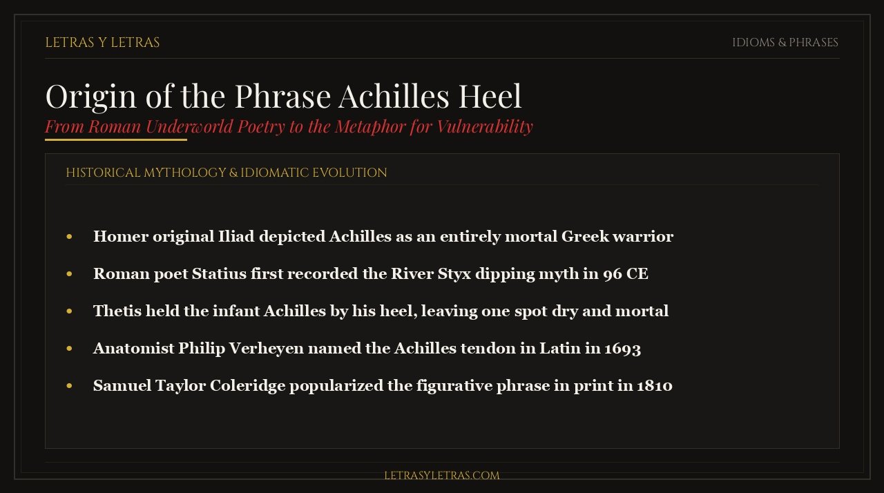 Infographic breaking down the historical myth and origin of the idiom Achilles heel from Roman poetry to 1810 literature.