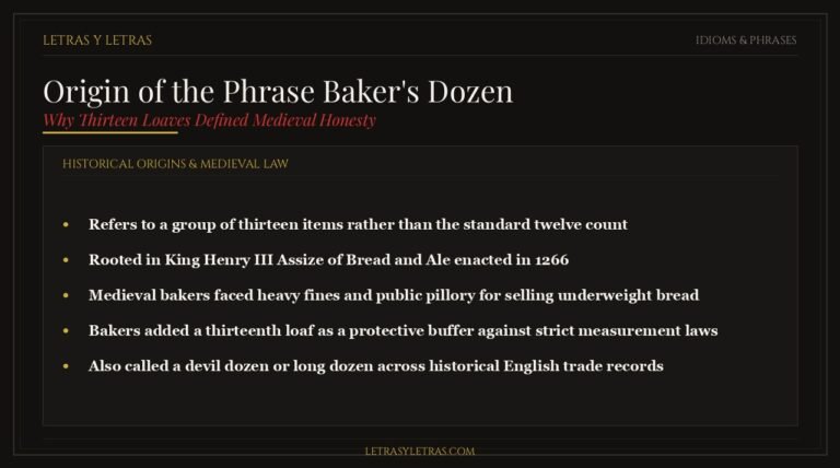 Editorial infographic illustrating the origin of the phrase baker's dozen, the 1266 Assize of Bread and Ale, and the thirteenth buffer loaf.