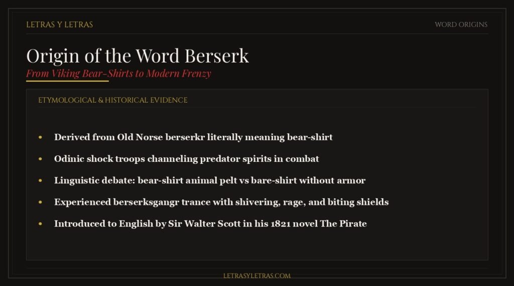 Etymological origin of the word berserk from Old Norse berserkr meaning bear-shirt and warrior frenzy